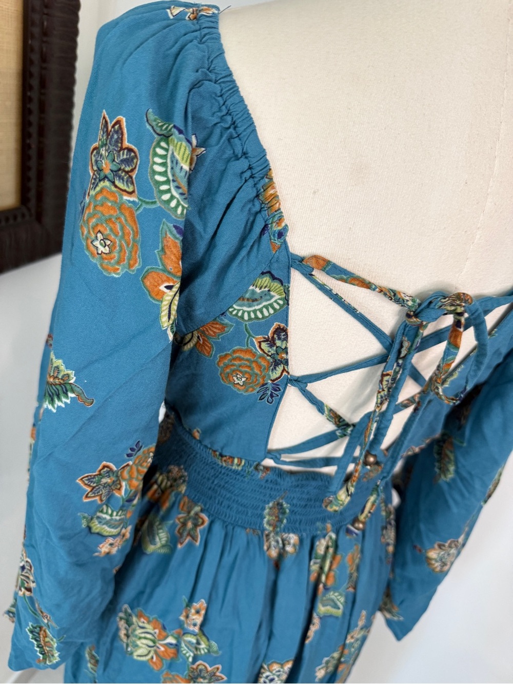 Angie Teal Floral Midi Dress with Smocked Waist - Picture 3 of 5